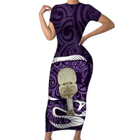 Purple New Zealand Eel Family Matching Short Sleeve Bodycon Dress and Hawaiian Shirt Aotearoa Maori Tuna With Kotiate Weapon LT14 Mom's Dress Purple - Polynesian Pride
