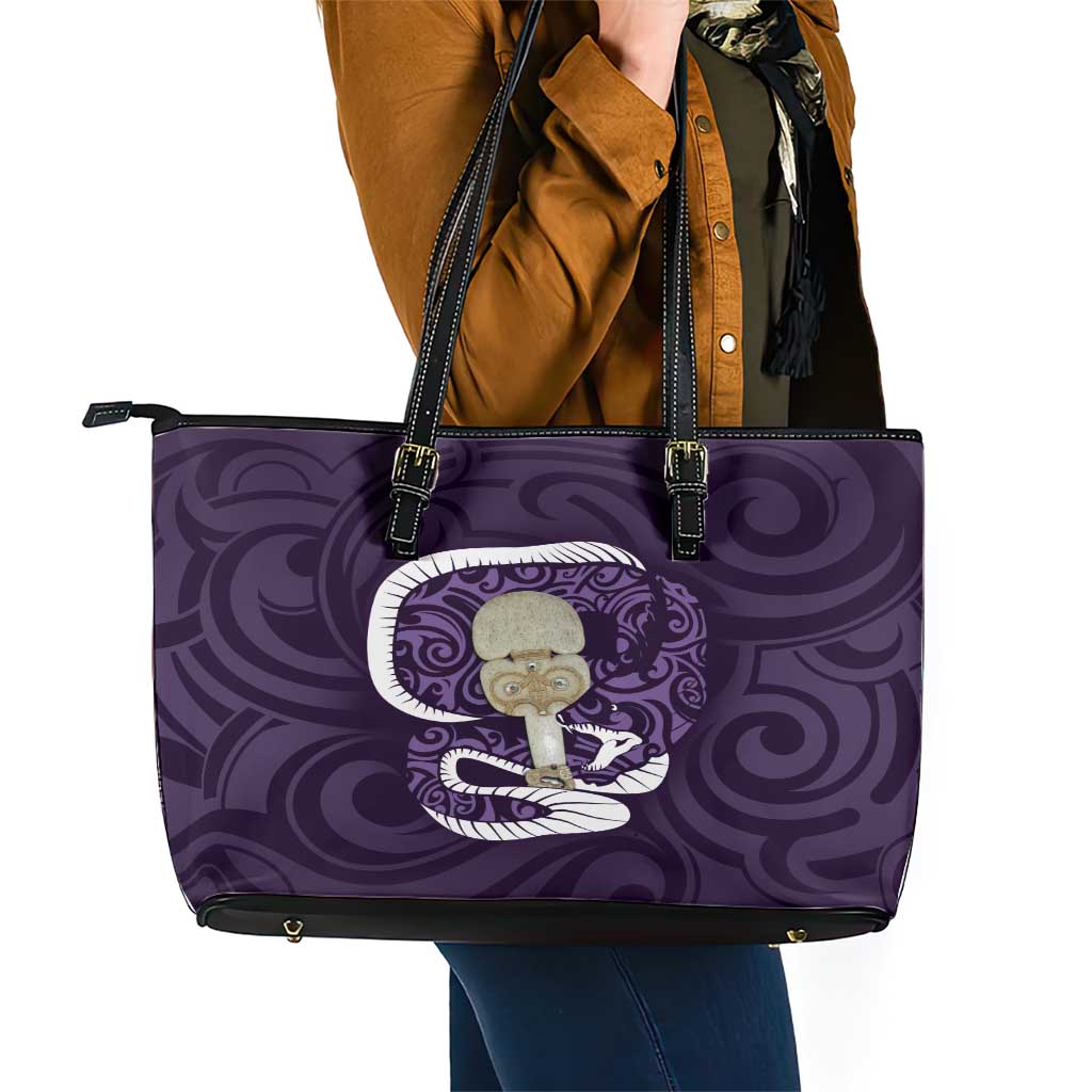 Purple New Zealand Eel Leather Tote Bag Aotearoa Maori Tuna With Kotiate Weapon