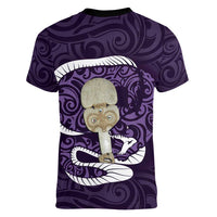 Purple New Zealand Eel Women V-Neck T-Shirt Aotearoa Maori Tuna With Kotiate Weapon LT14 - Polynesian Pride