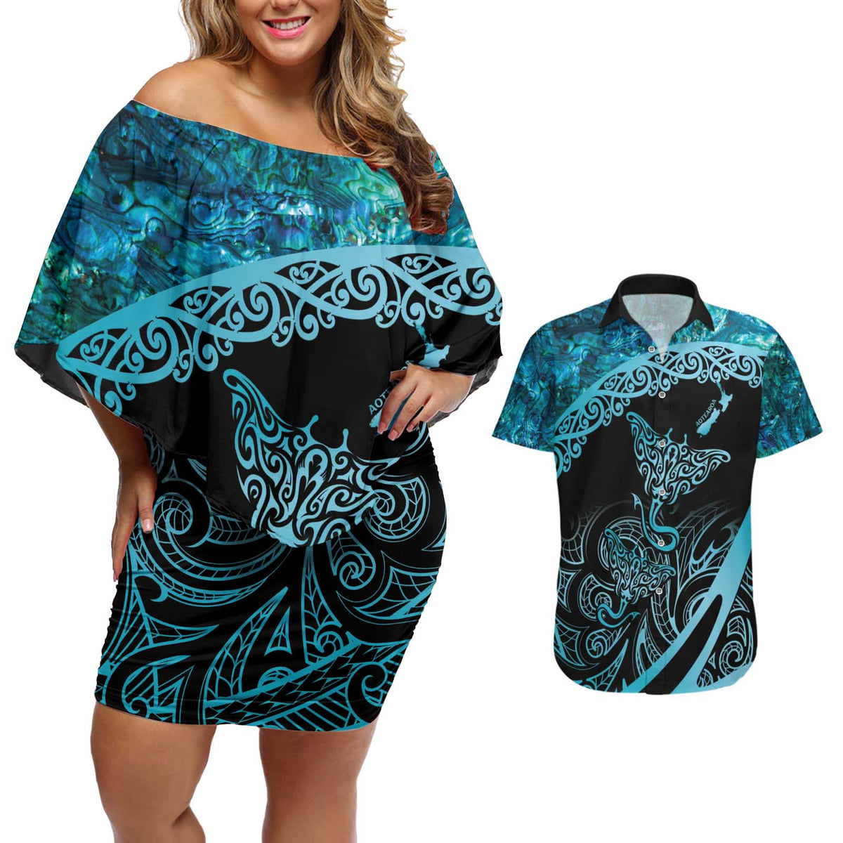 New Zealand Stingray Couples Matching Off Shoulder Short Dress and Hawaiian Shirt Aotearoa Whai With Maori Paua Shell LT14 Turquoise - Polynesian Pride