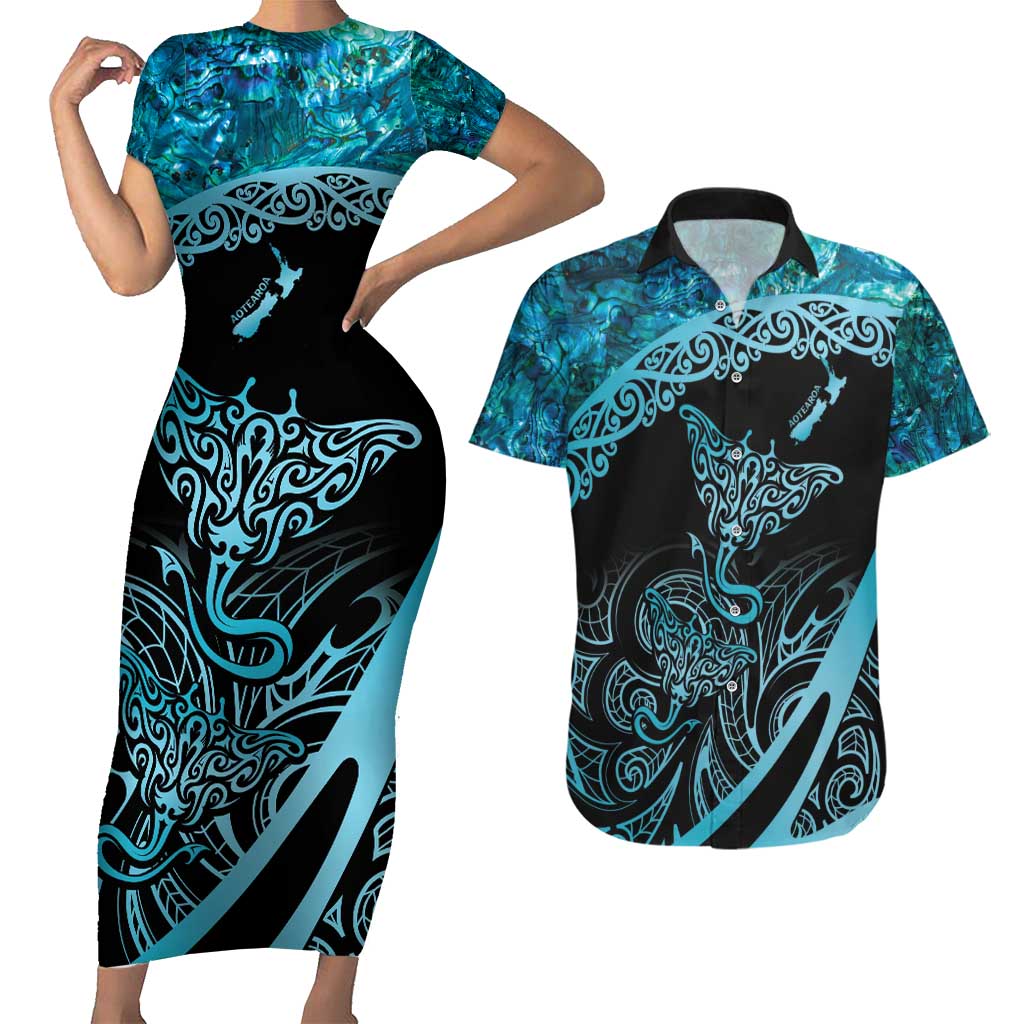 New Zealand Stingray Couples Matching Short Sleeve Bodycon Dress and Hawaiian Shirt Aotearoa Whai With Maori Paua Shell