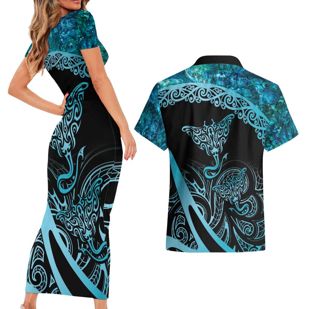 New Zealand Stingray Couples Matching Short Sleeve Bodycon Dress and Hawaiian Shirt Aotearoa Whai With Maori Paua Shell