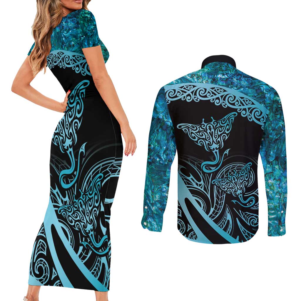 New Zealand Stingray Couples Matching Short Sleeve Bodycon Dress and Long Sleeve Button Shirt Aotearoa Whai With Maori Paua Shell LT14 - Polynesian Pride