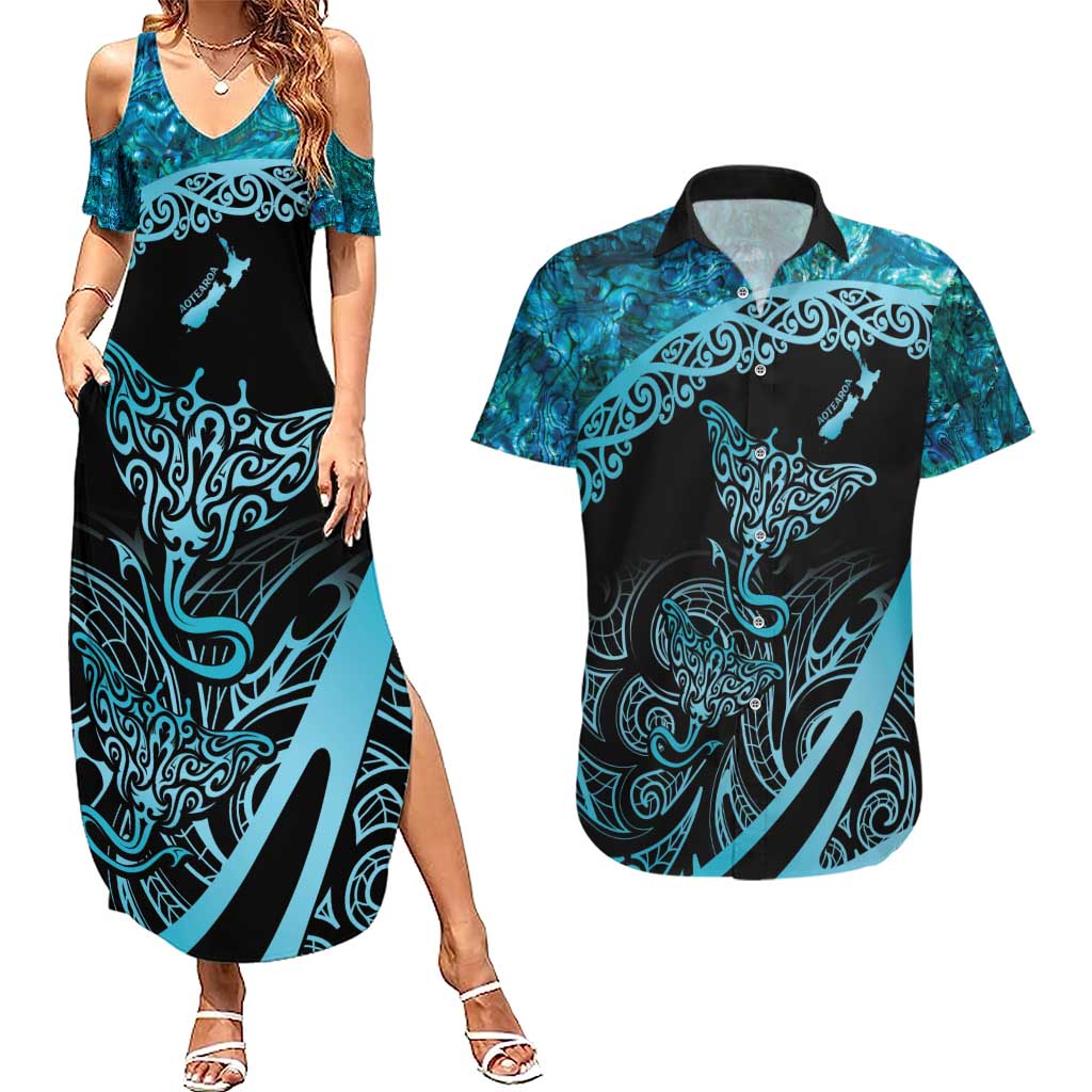 New Zealand Stingray Couples Matching Summer Maxi Dress and Hawaiian Shirt Aotearoa Whai With Maori Paua Shell LT14 Turquoise - Polynesian Pride