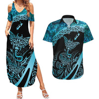 New Zealand Stingray Couples Matching Summer Maxi Dress and Hawaiian Shirt Aotearoa Whai With Maori Paua Shell LT14 Turquoise - Polynesian Pride