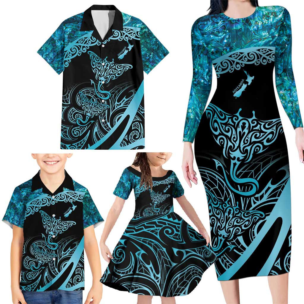 New Zealand Stingray Family Matching Long Sleeve Bodycon Dress and Hawaiian Shirt Aotearoa Whai With Maori Paua Shell LT14 - Polynesian Pride