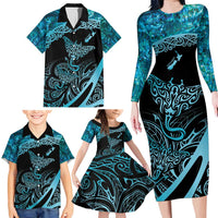 New Zealand Stingray Family Matching Long Sleeve Bodycon Dress and Hawaiian Shirt Aotearoa Whai With Maori Paua Shell LT14 - Polynesian Pride