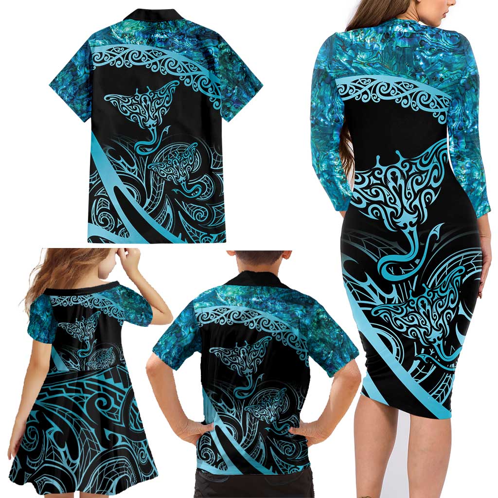 New Zealand Stingray Family Matching Long Sleeve Bodycon Dress and Hawaiian Shirt Aotearoa Whai With Maori Paua Shell LT14 - Polynesian Pride