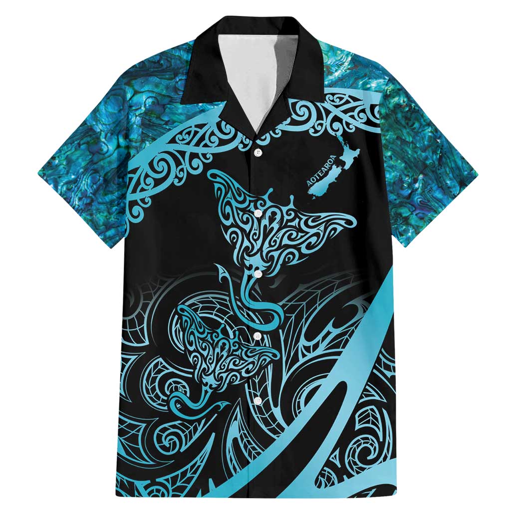 New Zealand Stingray Family Matching Mermaid Dress and Hawaiian Shirt Aotearoa Whai With Maori Paua Shell LT14 Dad's Shirt - Short Sleeve Turquoise - Polynesian Pride
