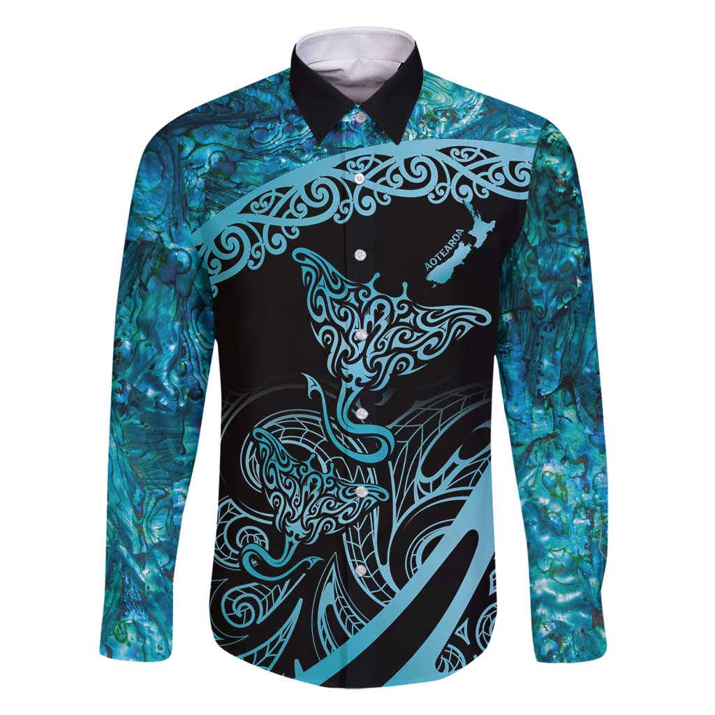 New Zealand Stingray Family Matching Mermaid Dress and Hawaiian Shirt Aotearoa Whai With Maori Paua Shell LT14 Dad's Shirt - Long Sleeve Turquoise - Polynesian Pride