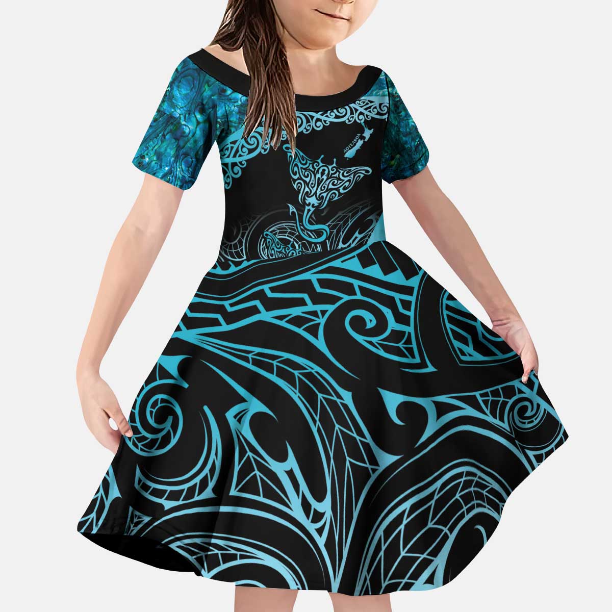 New Zealand Stingray Family Matching Puletasi and Hawaiian Shirt Aotearoa Whai With Maori Paua Shell LT14 Daughter's Dress Turquoise - Polynesian Pride
