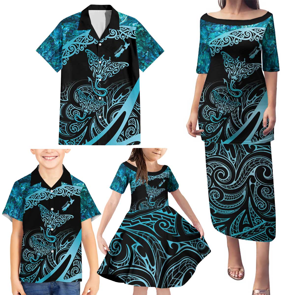 New Zealand Stingray Family Matching Puletasi and Hawaiian Shirt Aotearoa Whai With Maori Paua Shell LT14 - Polynesian Pride