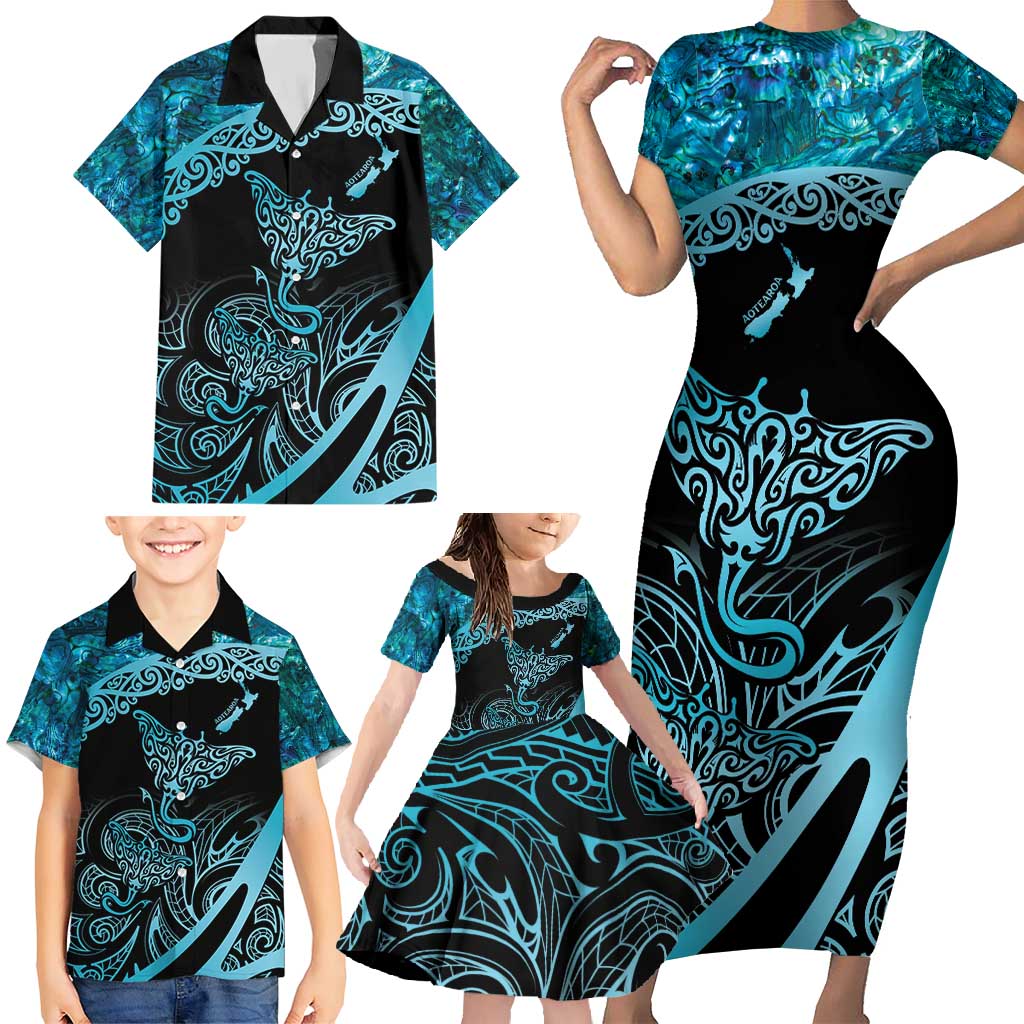 New Zealand Stingray Family Matching Short Sleeve Bodycon Dress and Hawaiian Shirt Aotearoa Whai With Maori Paua Shell LT14 - Polynesian Pride