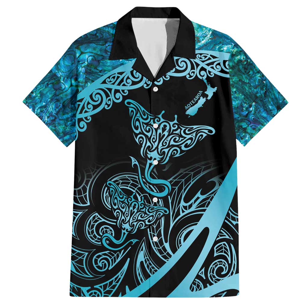 New Zealand Stingray Family Matching Short Sleeve Bodycon Dress and Hawaiian Shirt Aotearoa Whai With Maori Paua Shell LT14 Dad's Shirt - Short Sleeve Turquoise - Polynesian Pride