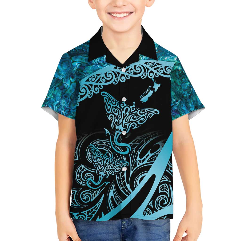 New Zealand Stingray Family Matching Short Sleeve Bodycon Dress and Hawaiian Shirt Aotearoa Whai With Maori Paua Shell LT14 Son's Shirt Turquoise - Polynesian Pride