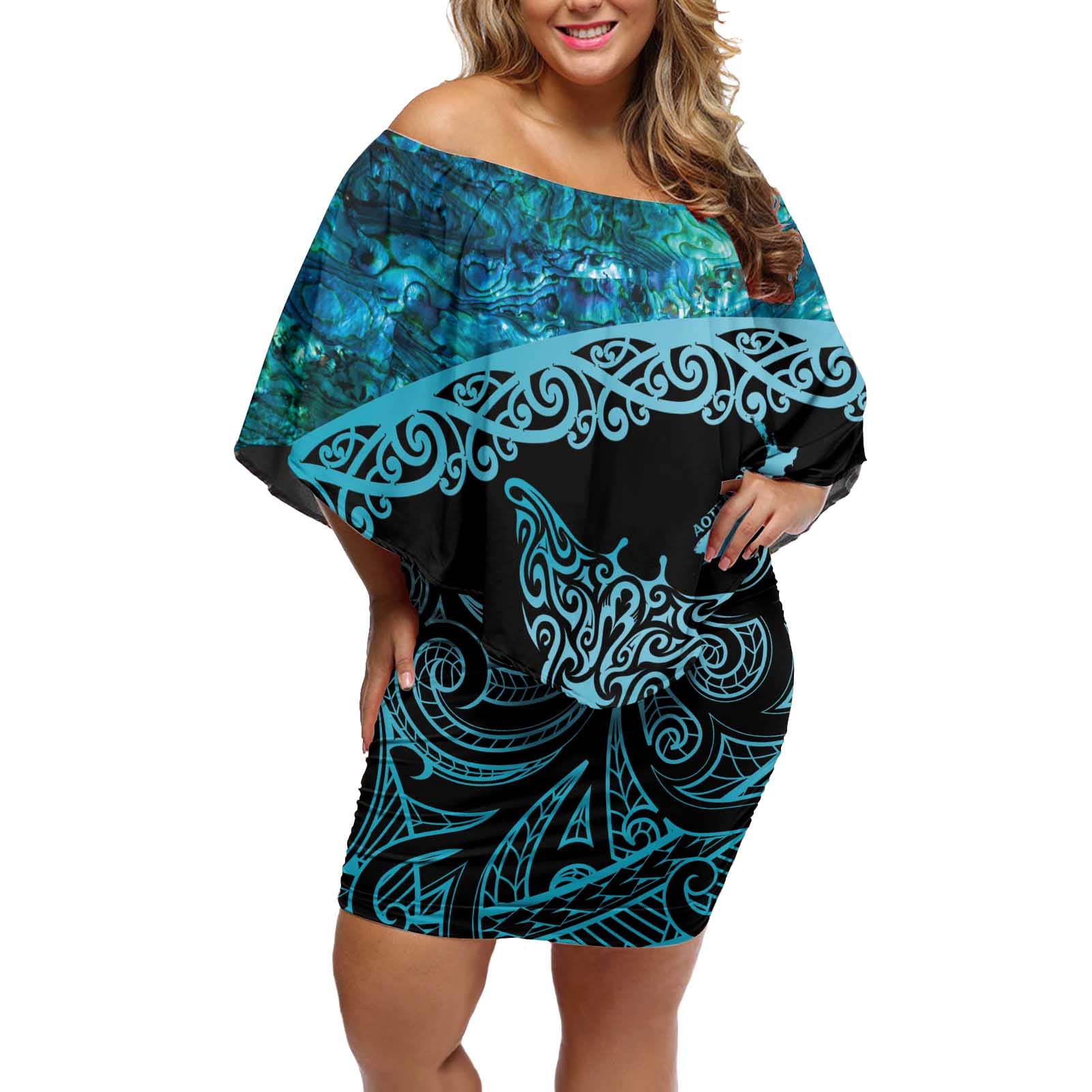 New Zealand Stingray Off Shoulder Short Dress Aotearoa Whai With Maori Paua Shell