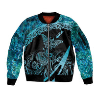 New Zealand Stingray Sleeve Zip Bomber Jacket Aotearoa Whai With Maori Paua Shell LT14 Unisex Turquoise - Polynesian Pride
