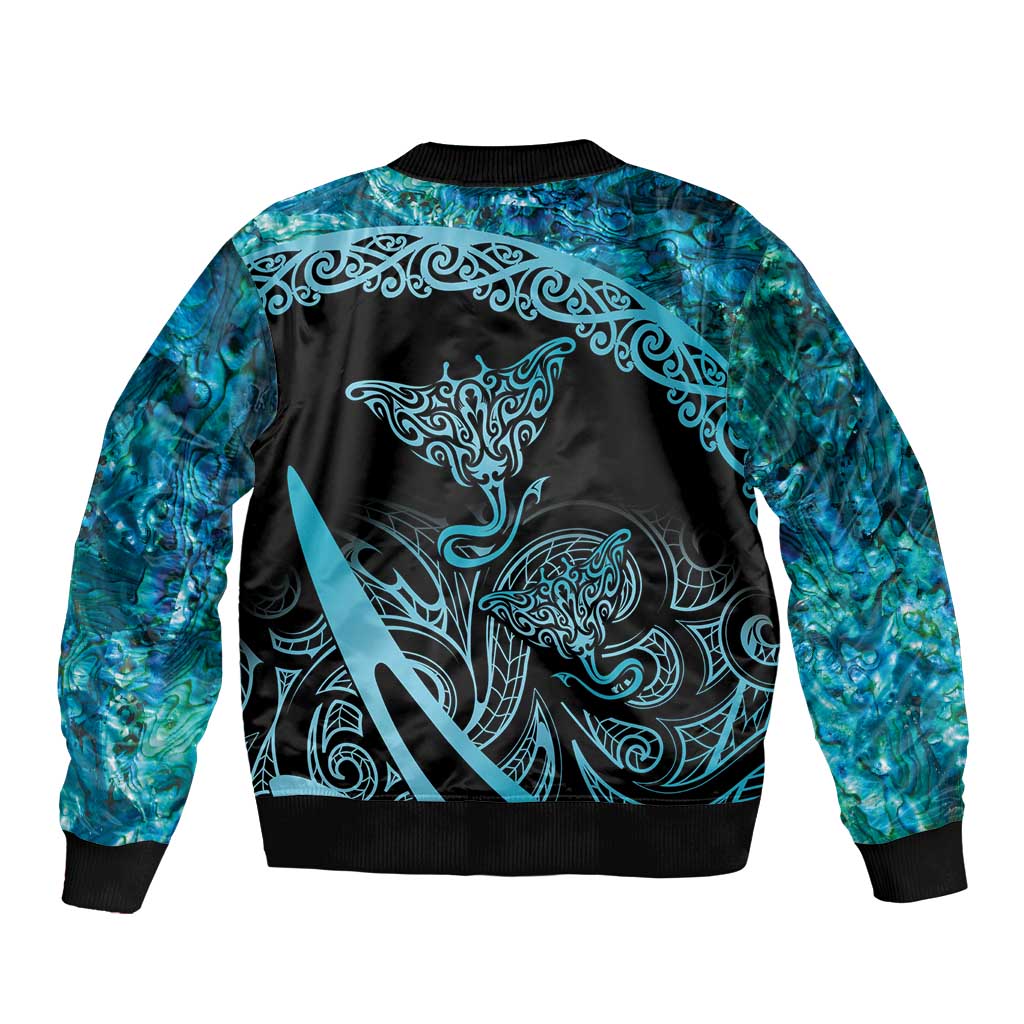New Zealand Stingray Sleeve Zip Bomber Jacket Aotearoa Whai With Maori Paua Shell LT14 - Polynesian Pride