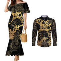 Black And Gold Aotearoa Whai Couples Matching Mermaid Dress and Long Sleeve Button Shirt NZ Stingrays Maori Curves Style LT14 Gold - Polynesian Pride