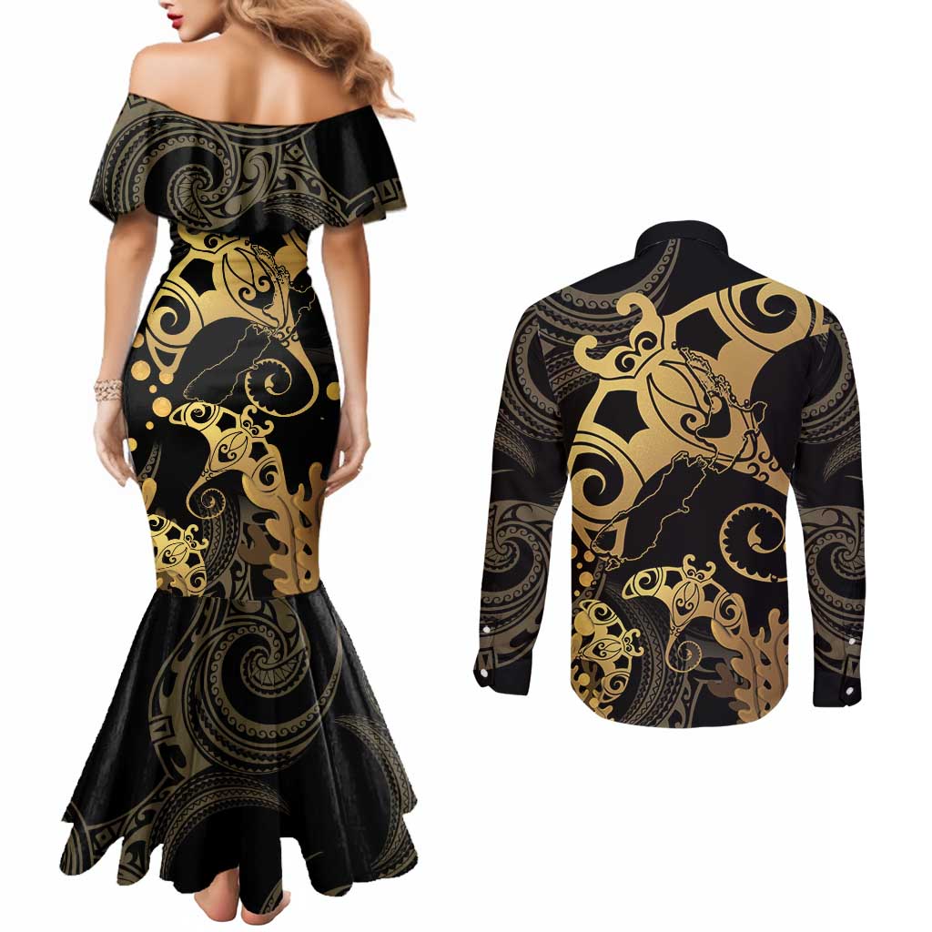 Black And Gold Aotearoa Whai Couples Matching Mermaid Dress and Long Sleeve Button Shirt NZ Stingrays Maori Curves Style LT14 - Polynesian Pride