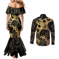 Black And Gold Aotearoa Whai Couples Matching Mermaid Dress and Long Sleeve Button Shirt NZ Stingrays Maori Curves Style LT14 - Polynesian Pride