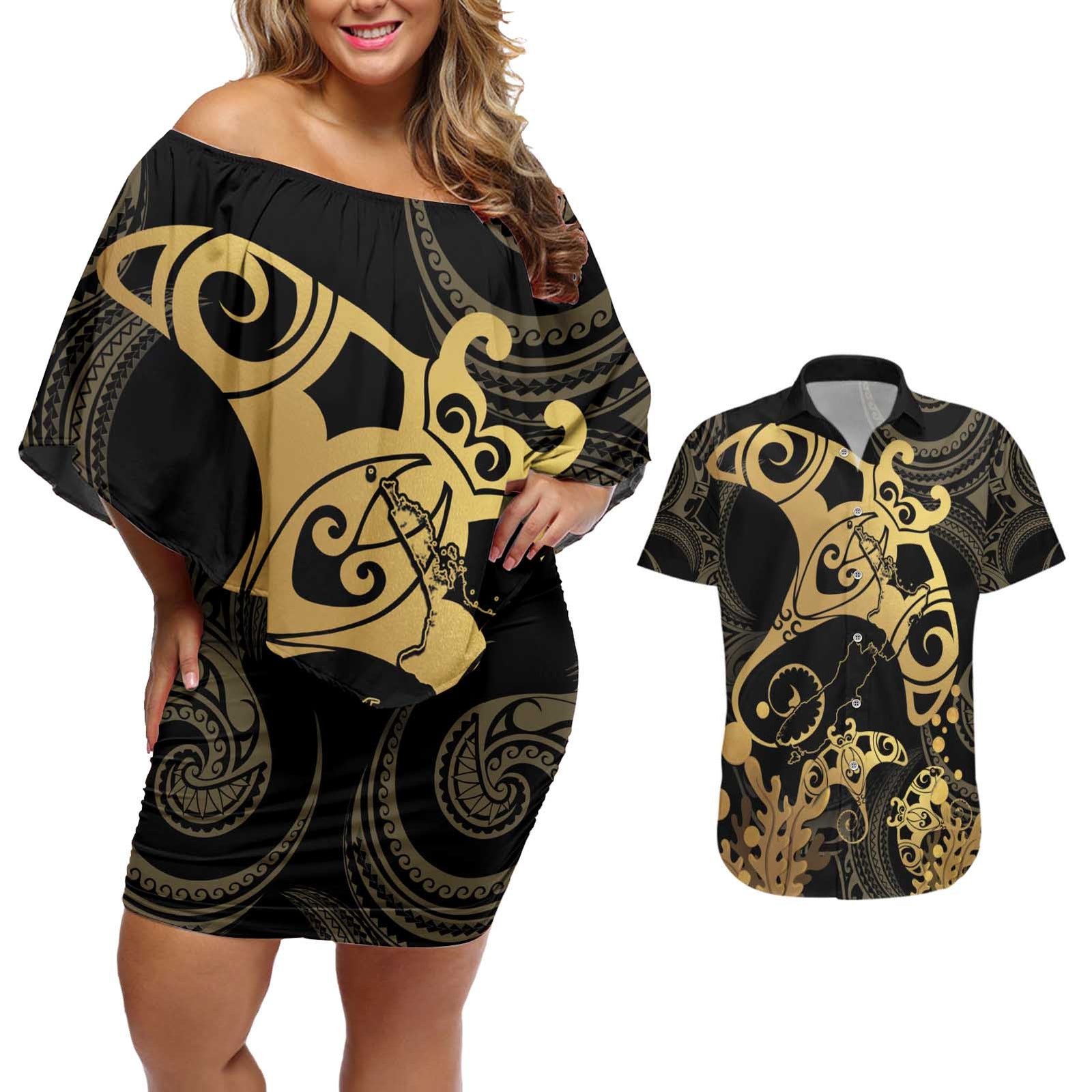 Black And Gold Aotearoa Whai Couples Matching Off Shoulder Short Dress and Hawaiian Shirt NZ Stingrays Maori Curves Style LT14 Gold - Polynesian Pride