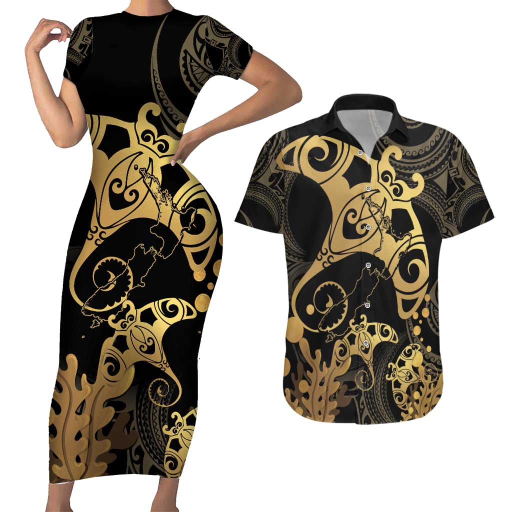 Black And Gold Aotearoa Whai Couples Matching Short Sleeve Bodycon Dress and Hawaiian Shirt NZ Stingrays Maori Curves Style