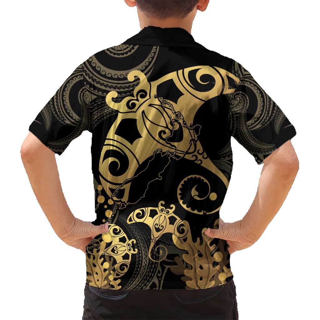 Black And Gold Aotearoa Whai Family Matching Long Sleeve Bodycon Dress and Hawaiian Shirt NZ Stingrays Maori Curves Style LT14 - Polynesian Pride