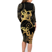 Black And Gold Aotearoa Whai Family Matching Long Sleeve Bodycon Dress and Hawaiian Shirt NZ Stingrays Maori Curves Style LT14 - Polynesian Pride