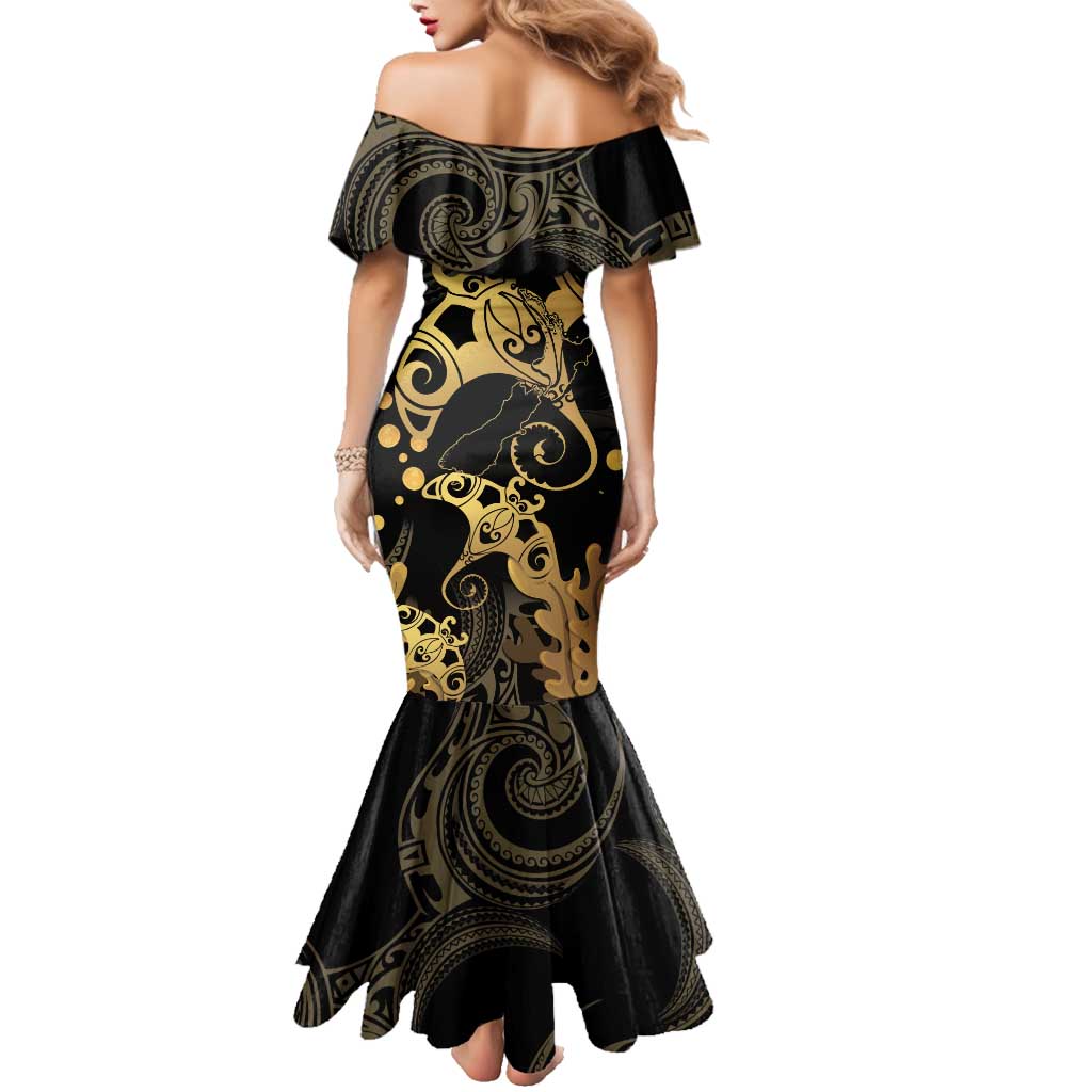 Black And Gold Aotearoa Whai Family Matching Mermaid Dress and Hawaiian Shirt NZ Stingrays Maori Curves Style LT14 - Polynesian Pride