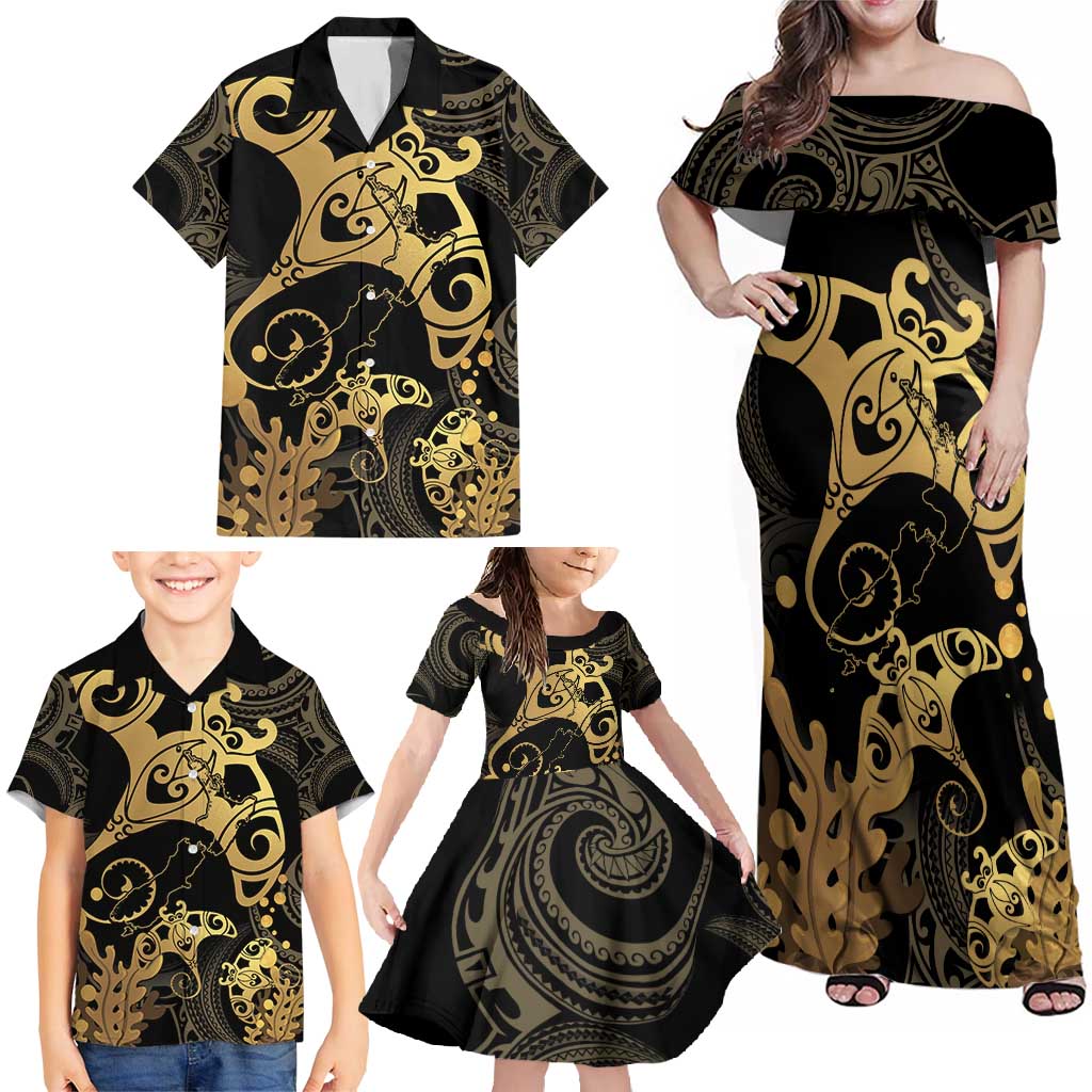 Black And Gold Aotearoa Whai Family Matching Off Shoulder Maxi Dress and Hawaiian Shirt NZ Stingrays Maori Curves Style LT14 - Polynesian Pride