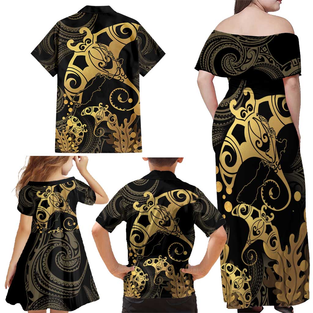 Black And Gold Aotearoa Whai Family Matching Off Shoulder Maxi Dress and Hawaiian Shirt NZ Stingrays Maori Curves Style LT14 - Polynesian Pride