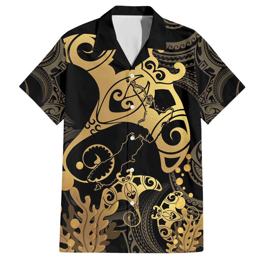 Black And Gold Aotearoa Whai Family Matching Off Shoulder Maxi Dress and Hawaiian Shirt NZ Stingrays Maori Curves Style LT14 Dad's Shirt - Short Sleeve Gold - Polynesian Pride