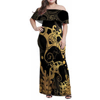 Black And Gold Aotearoa Whai Family Matching Off Shoulder Maxi Dress and Hawaiian Shirt NZ Stingrays Maori Curves Style LT14 Mom's Dress Gold - Polynesian Pride