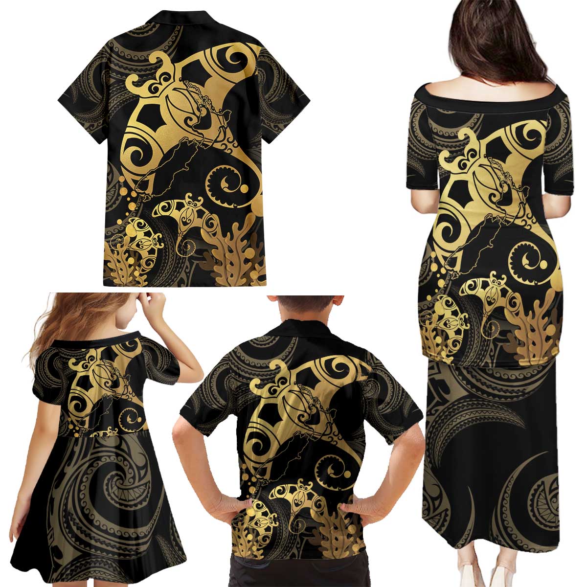 Black And Gold Aotearoa Whai Family Matching Puletasi and Hawaiian Shirt NZ Stingrays Maori Curves Style LT14 - Polynesian Pride
