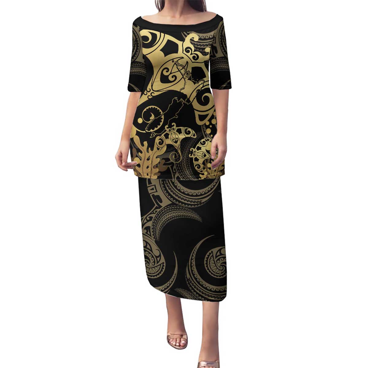 Black And Gold Aotearoa Whai Family Matching Puletasi and Hawaiian Shirt NZ Stingrays Maori Curves Style LT14 Mom's Dress Gold - Polynesian Pride