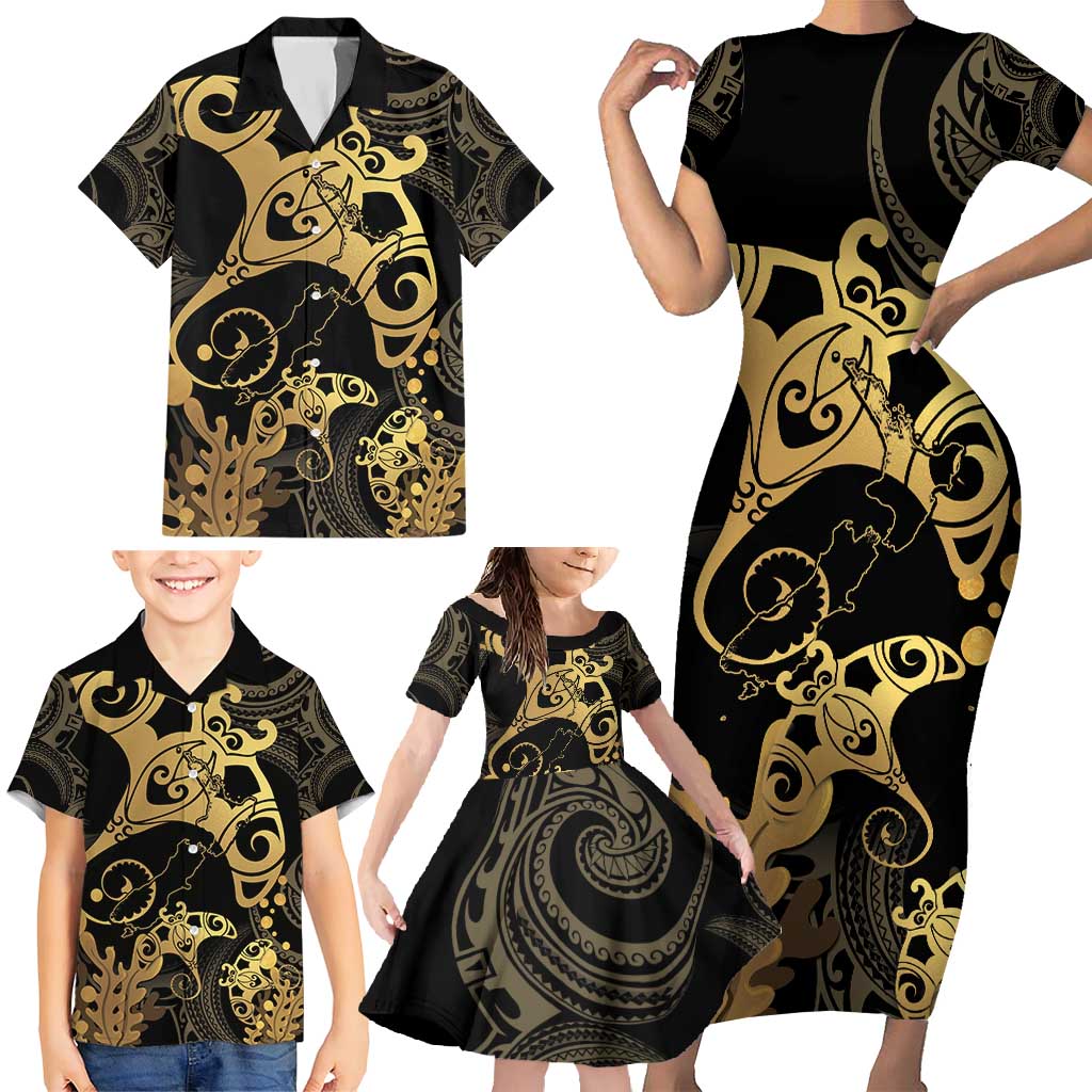 Black And Gold Aotearoa Whai Family Matching Short Sleeve Bodycon Dress and Hawaiian Shirt NZ Stingrays Maori Curves Style LT14 - Polynesian Pride