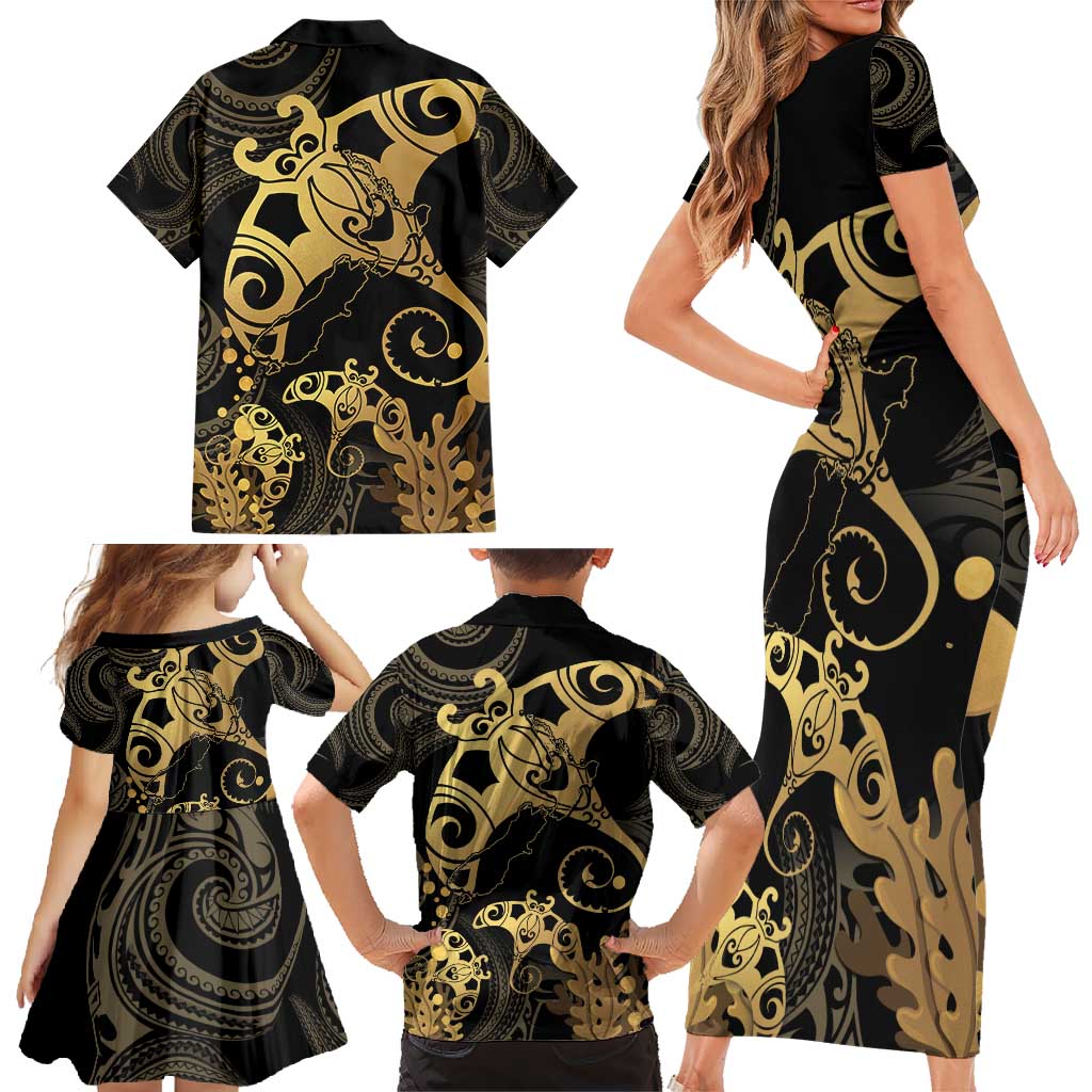 Black And Gold Aotearoa Whai Family Matching Short Sleeve Bodycon Dress and Hawaiian Shirt NZ Stingrays Maori Curves Style LT14 - Polynesian Pride