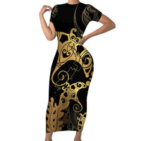 Black And Gold Aotearoa Whai Family Matching Short Sleeve Bodycon Dress and Hawaiian Shirt NZ Stingrays Maori Curves Style LT14 Mom's Dress Gold - Polynesian Pride
