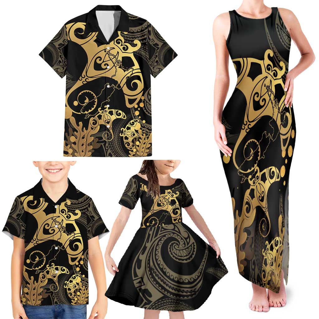 Black And Gold Aotearoa Whai Family Matching Tank Maxi Dress and Hawaiian Shirt NZ Stingrays Maori Curves Style