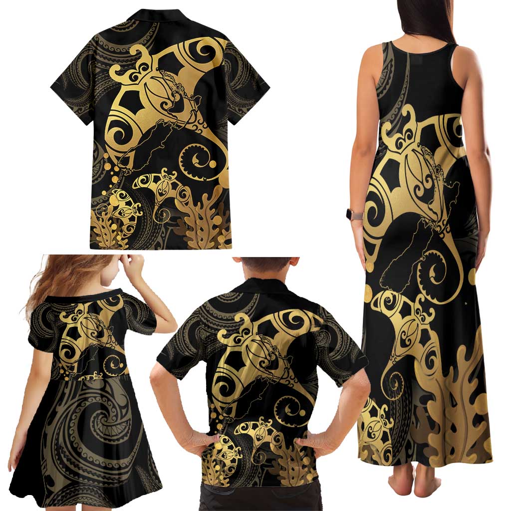 Black And Gold Aotearoa Whai Family Matching Tank Maxi Dress and Hawaiian Shirt NZ Stingrays Maori Curves Style
