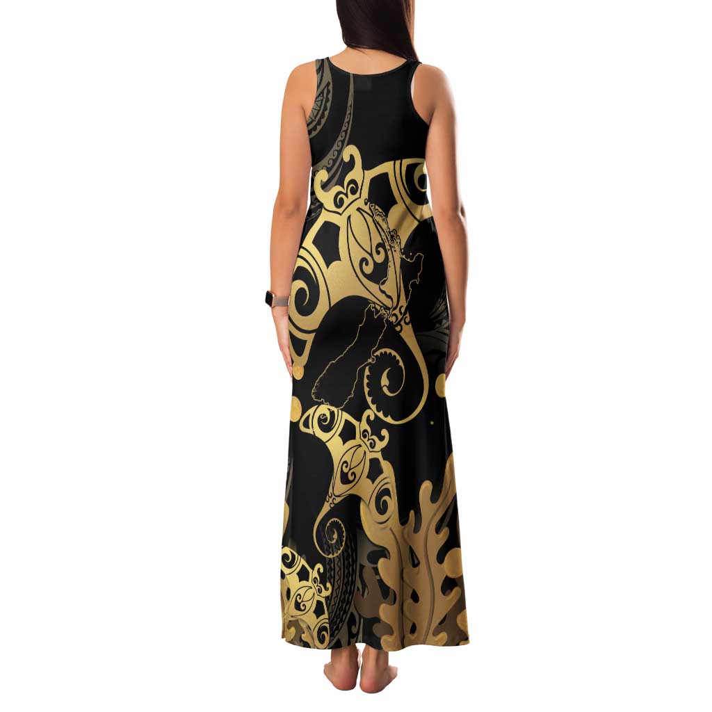 Black And Gold Aotearoa Whai Family Matching Tank Maxi Dress and Hawaiian Shirt NZ Stingrays Maori Curves Style