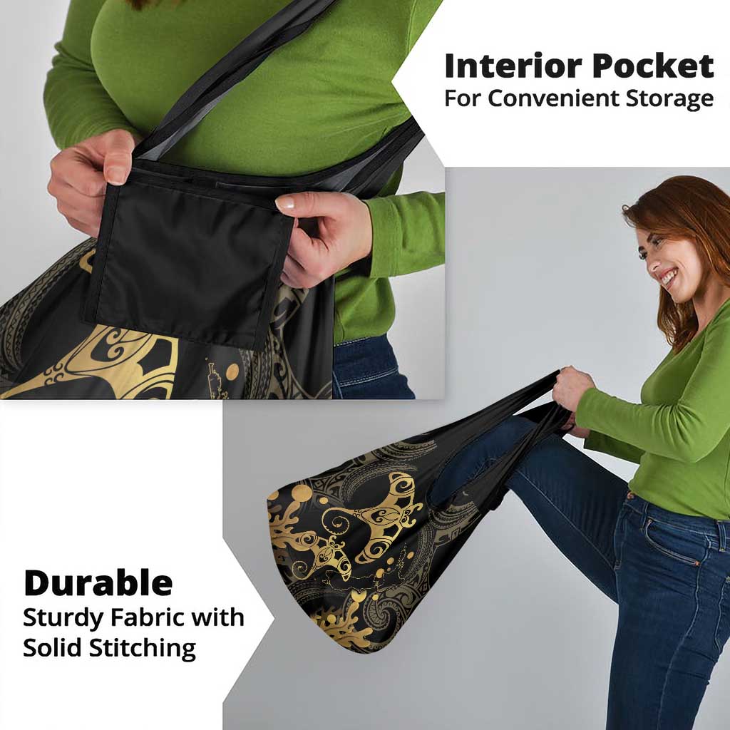 Black And Gold Aotearoa Whai Grocery Bag NZ Stingrays Maori Curves Style