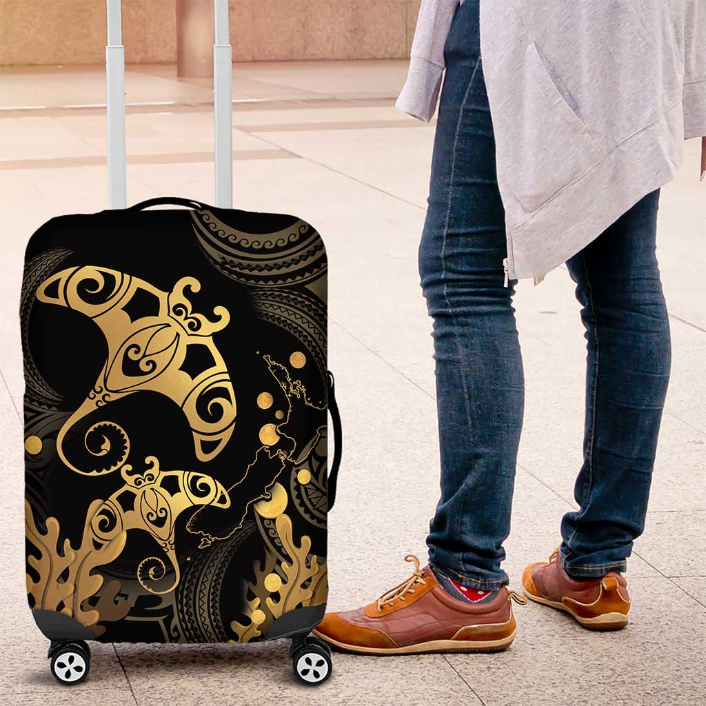 Black And Gold Aotearoa Whai Luggage Cover NZ Stingrays Maori Curves Style LT14 Gold - Polynesian Pride