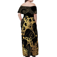 Black And Gold Aotearoa Whai Off Shoulder Maxi Dress NZ Stingrays Maori Curves Style LT14 - Polynesian Pride