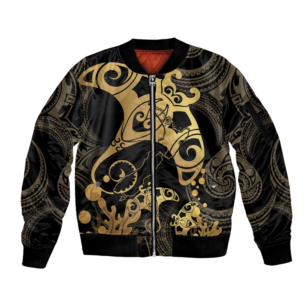 Black And Gold Aotearoa Whai Sleeve Zip Bomber Jacket NZ Stingrays Maori Curves Style LT14 Unisex Gold - Polynesian Pride