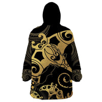 Black And Gold Aotearoa Whai Wearable Blanket Hoodie NZ Stingrays Maori Curves Style