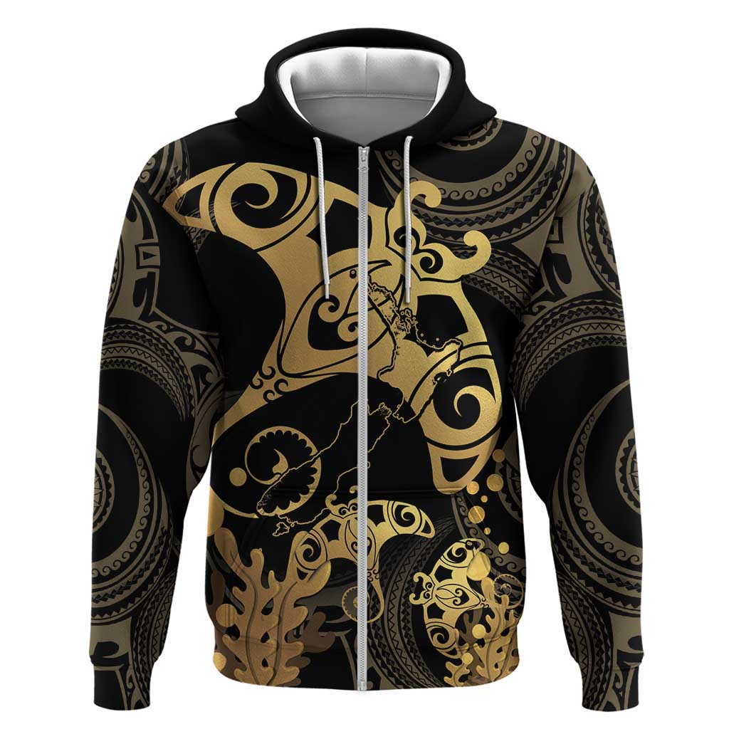 Black And Gold Aotearoa Whai Zip Hoodie NZ Stingrays Maori Curves Style LT14 Zip Hoodie Gold - Polynesian Pride