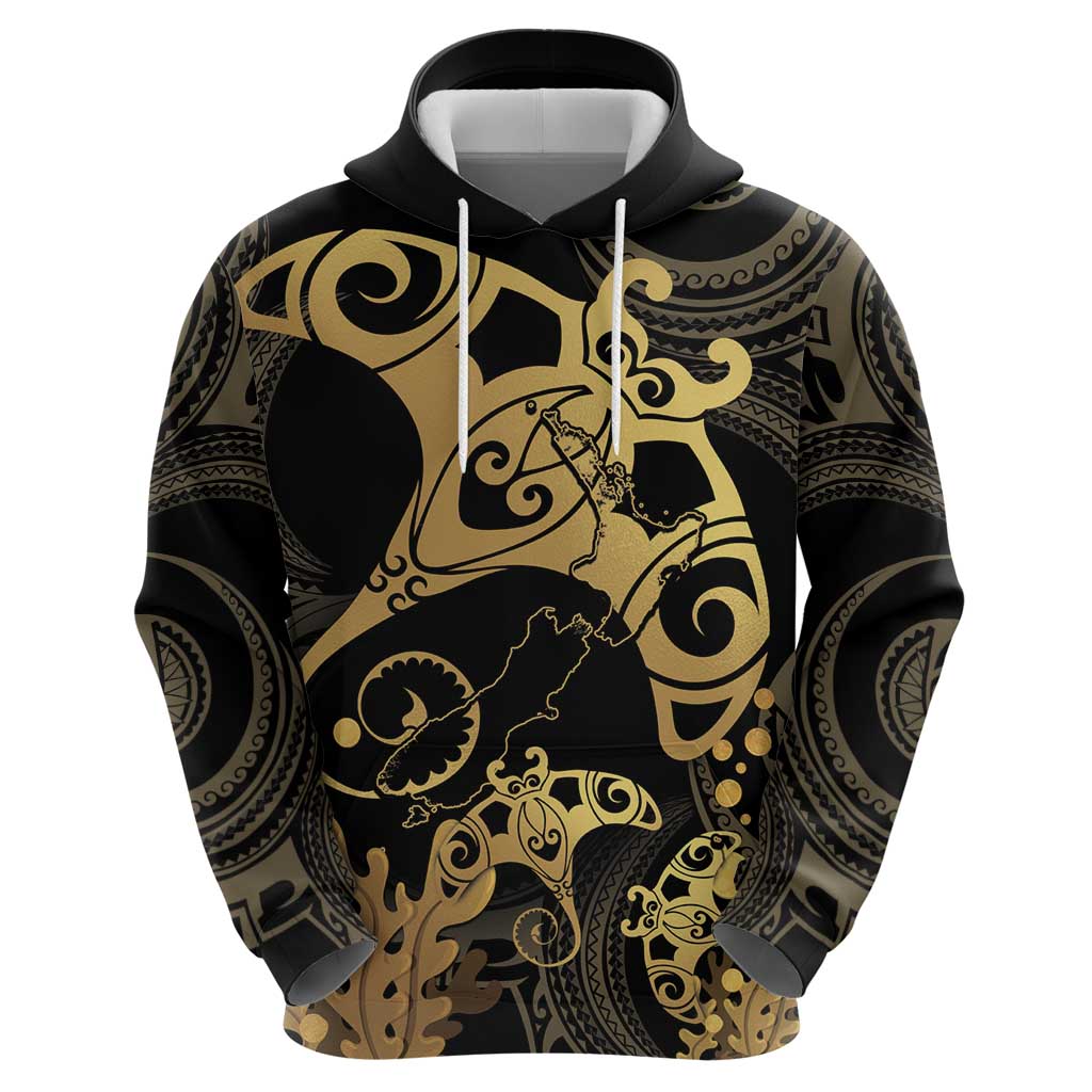 Black And Gold Aotearoa Whai Zip Hoodie NZ Stingrays Maori Curves Style LT14 - Polynesian Pride