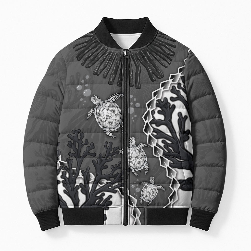 Personalized Black Coral Hawaii Bomber Puffer Jacket Ekaha Ku Moana Honu Sea Turtle LT14 Unisex Gray - Polynesian Pride